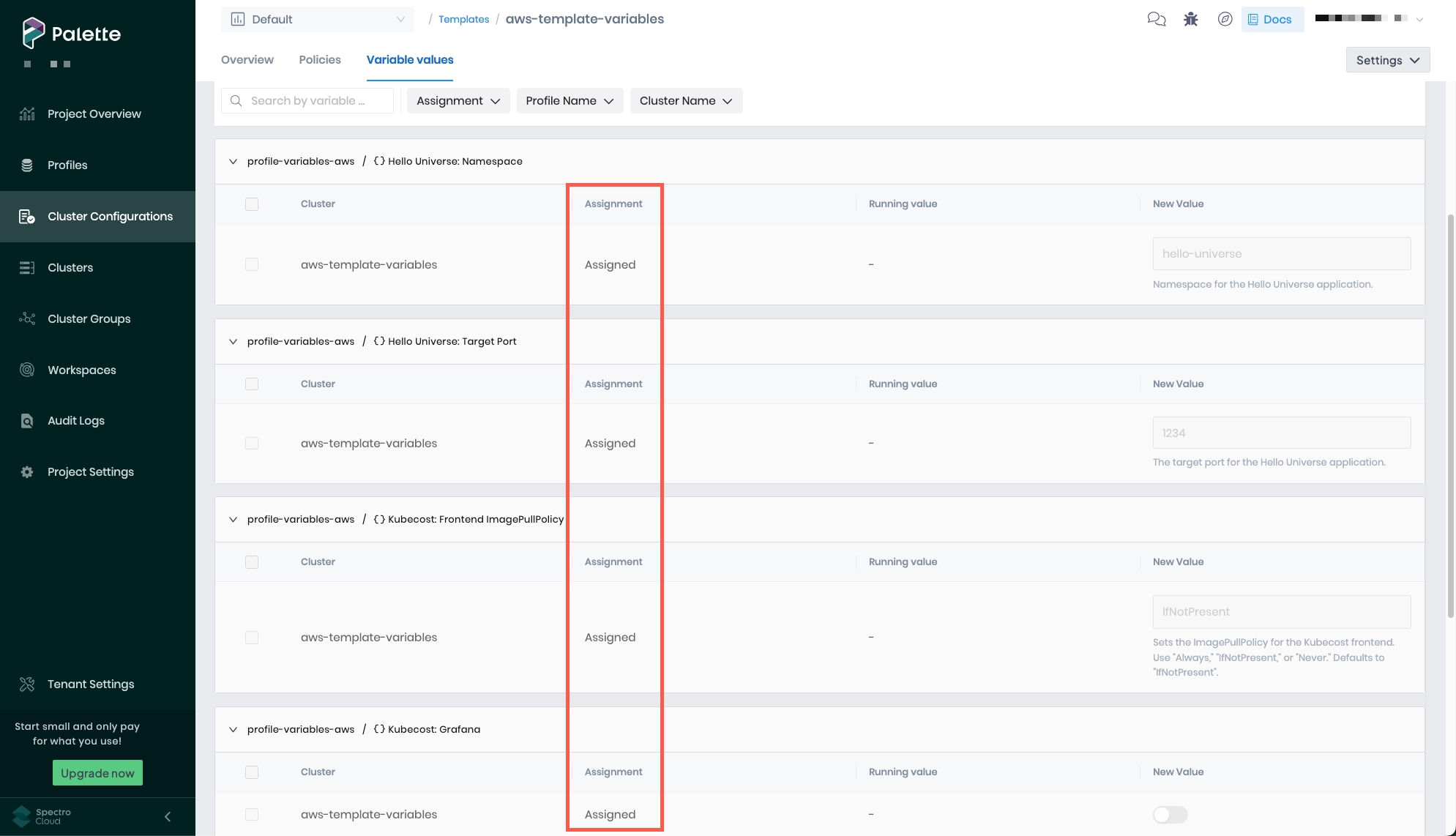 Variables with a status of Assigned